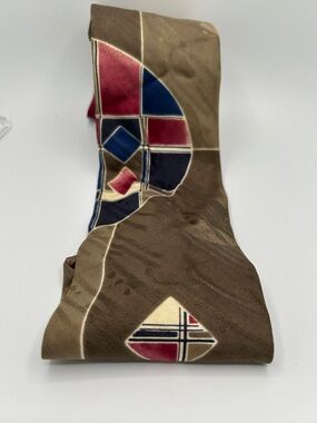 Vintage Halston III Geometric Pattern Silk tie in Brown, Navy & Burgundy